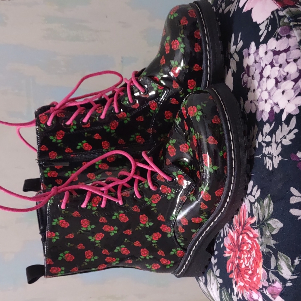 torrid Black Patent Rose Print Combat Boots with Pink Laces